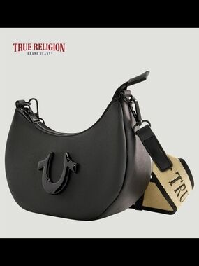 True Religion Black Crescent Crossbody Bag with Logo Strap